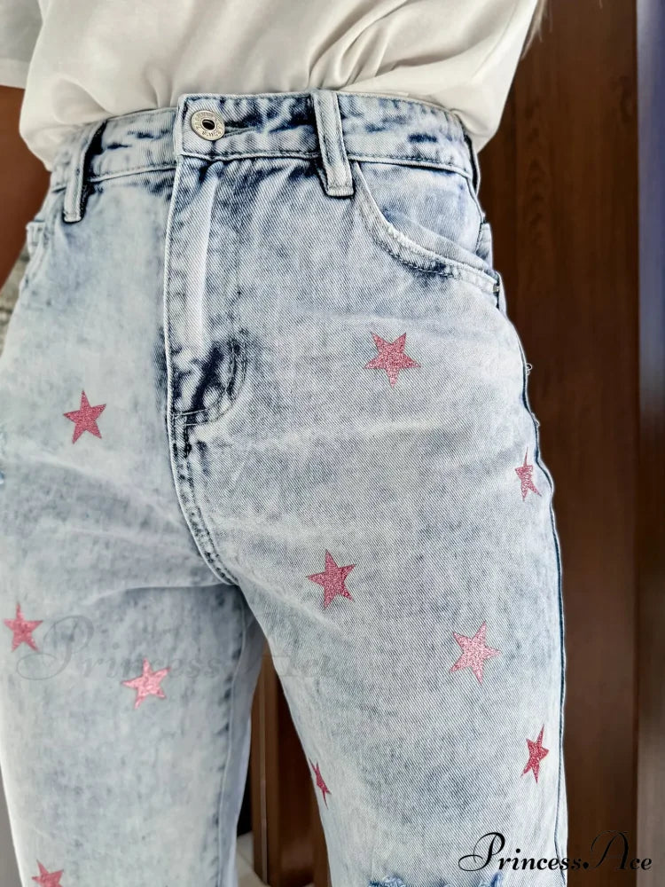 Casual Ripped Hole Women High Waist Fashion Denim 2024 Elegant Star Printed Streetwear Long Jean