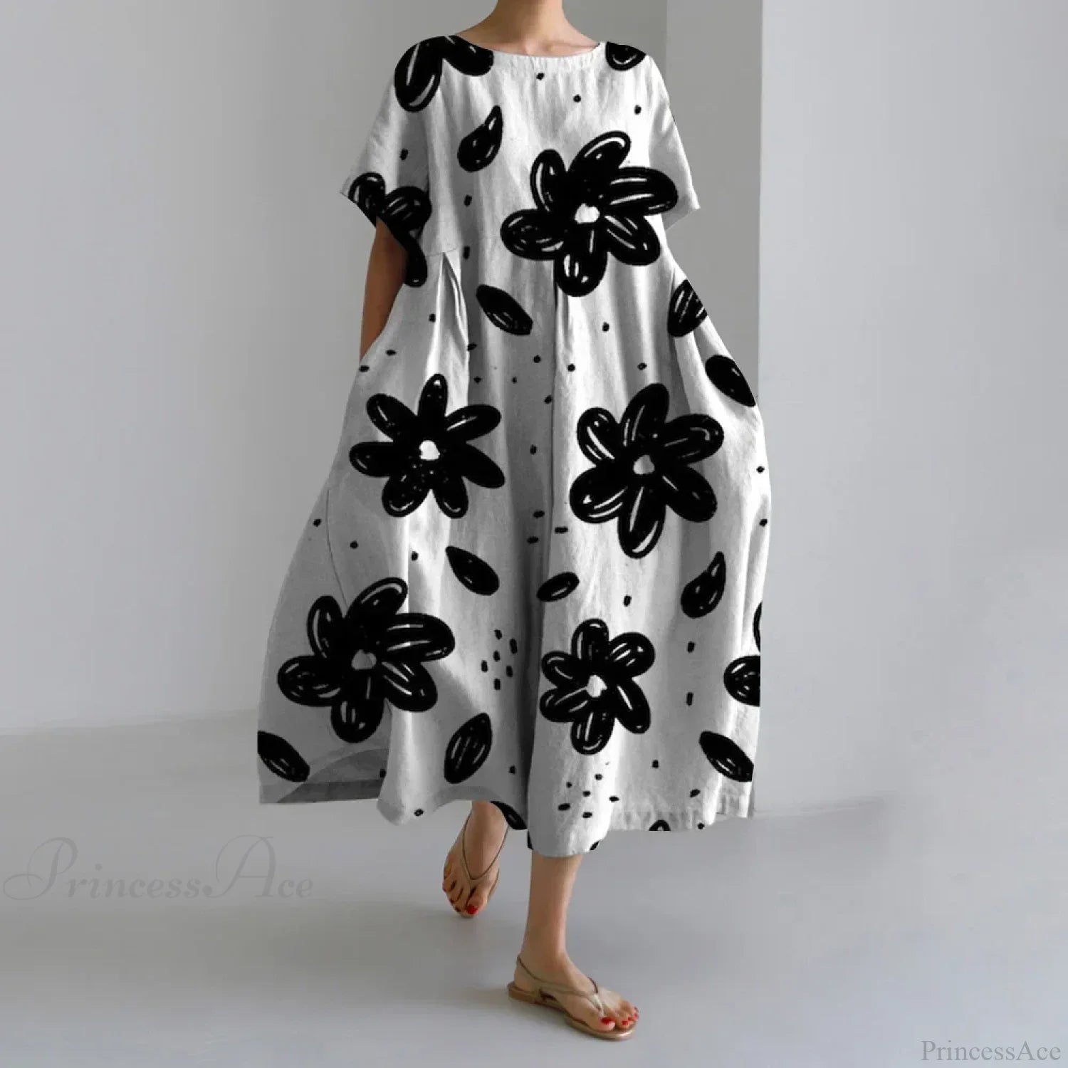 Casual Round Neck Floral Print Loose Long Summer Dress black1 / S oldfloraldress-250126