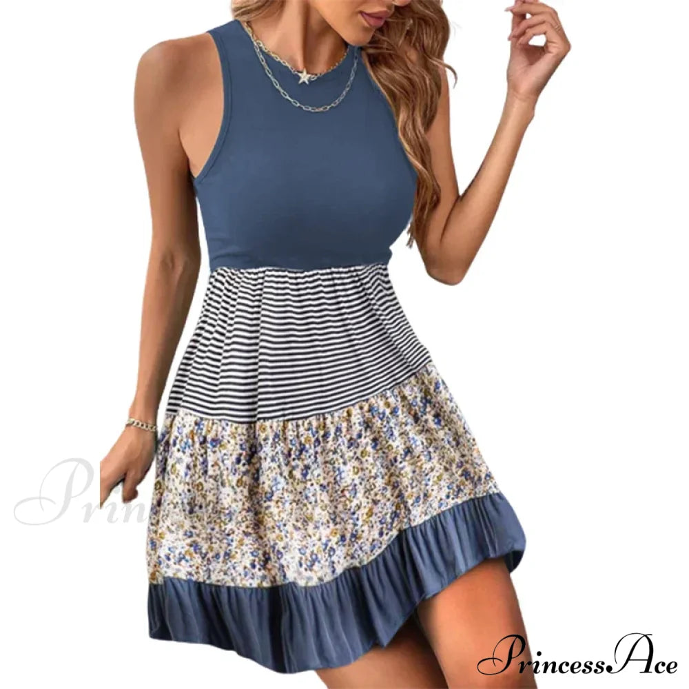 Casual Ruffle Sundress Beach Flowy Pleated Boho Dress Blue / S