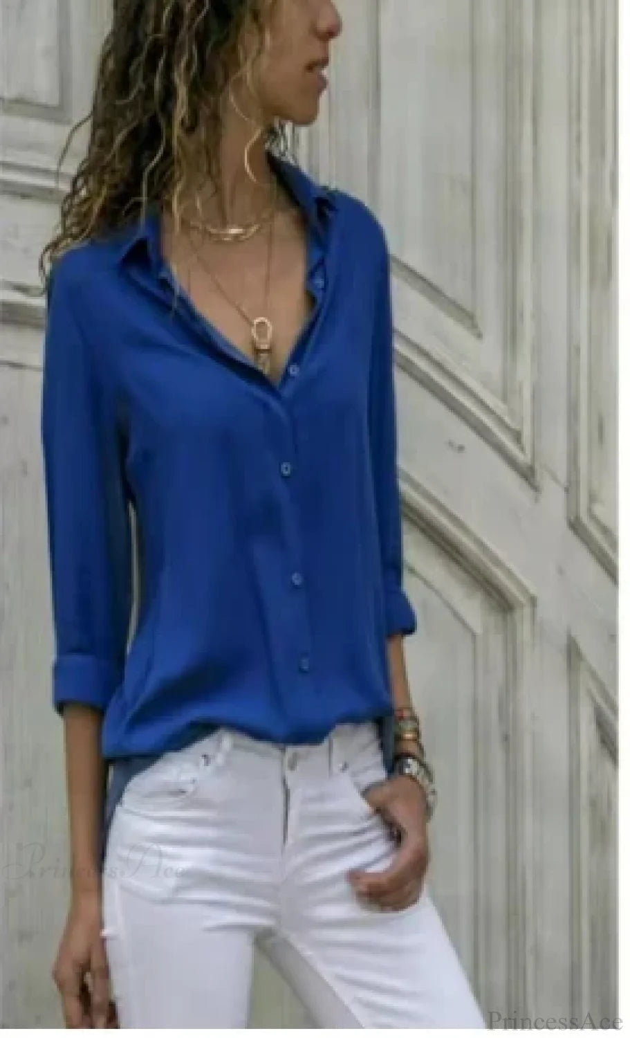Casual Solid Color Long Sleeve Button Blouse Blue / S blouse-250126