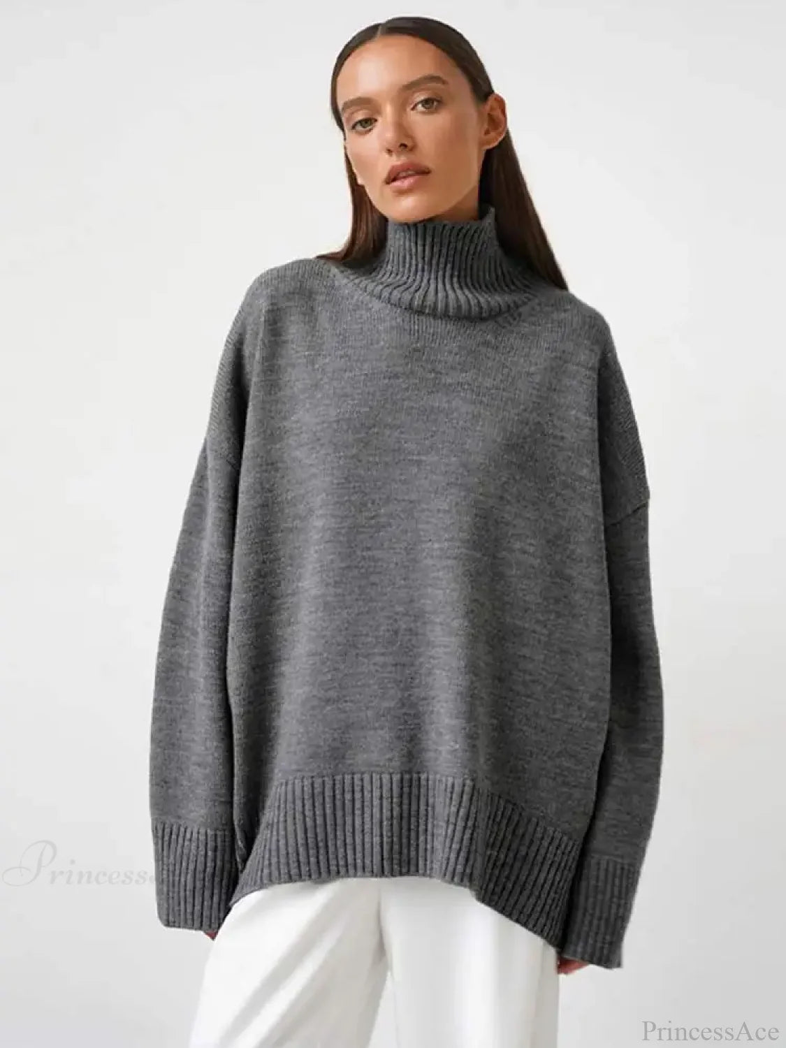 Casual Solid Color Long Sleeve Sweater Grey / S