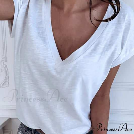 Casual Solid Color Short Sleeve V Neck T-Shirt A White / S
