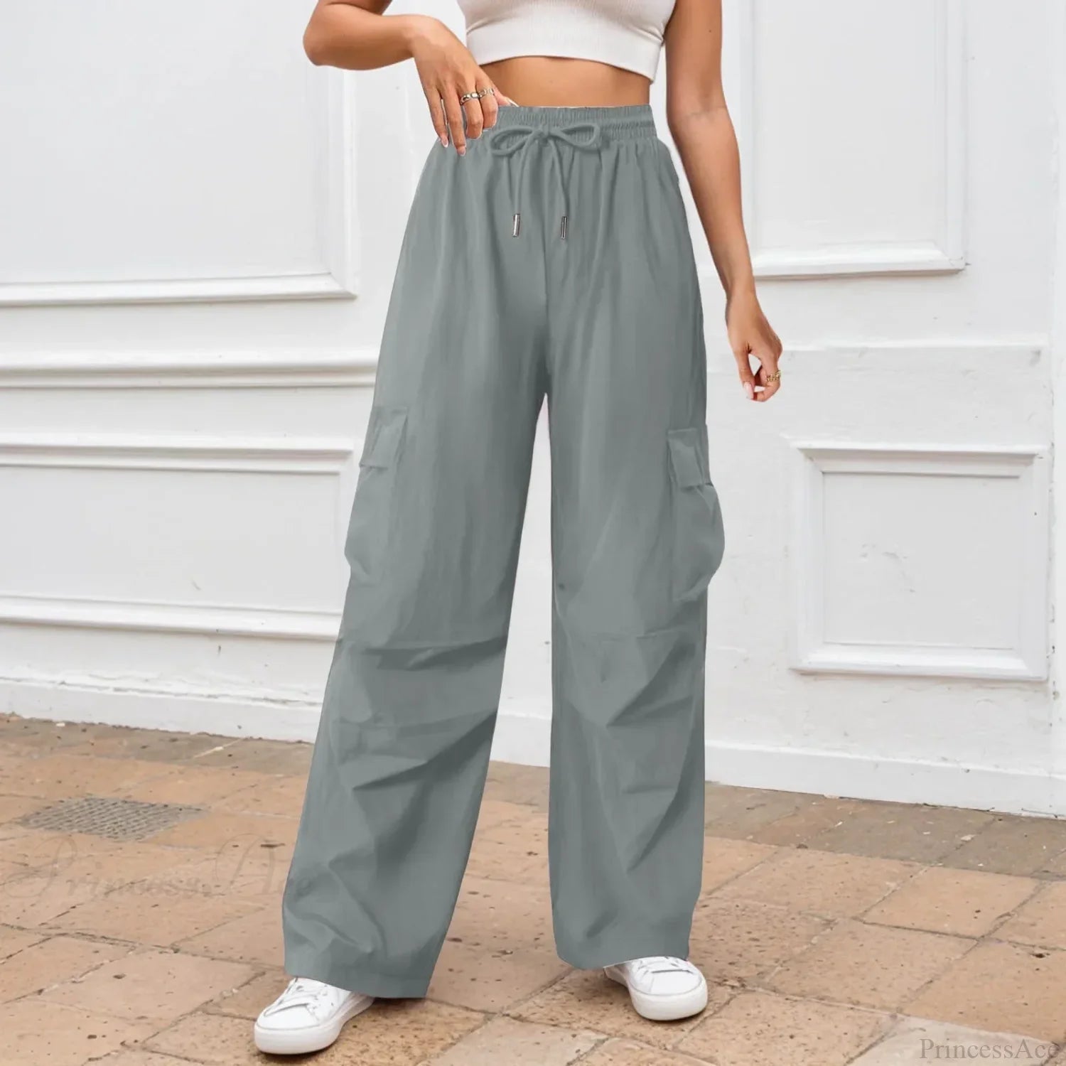 Casual Solid Color Wide Leg Pants Grey / S