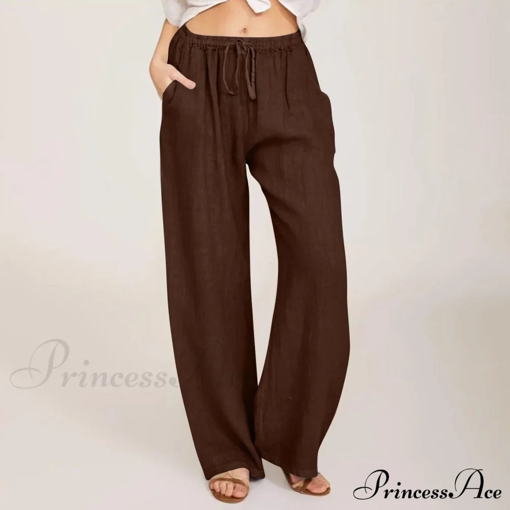 Casual Solid Drawstring Patchwork Low-Waisted Flare Spring Summer Pants Coffee / S