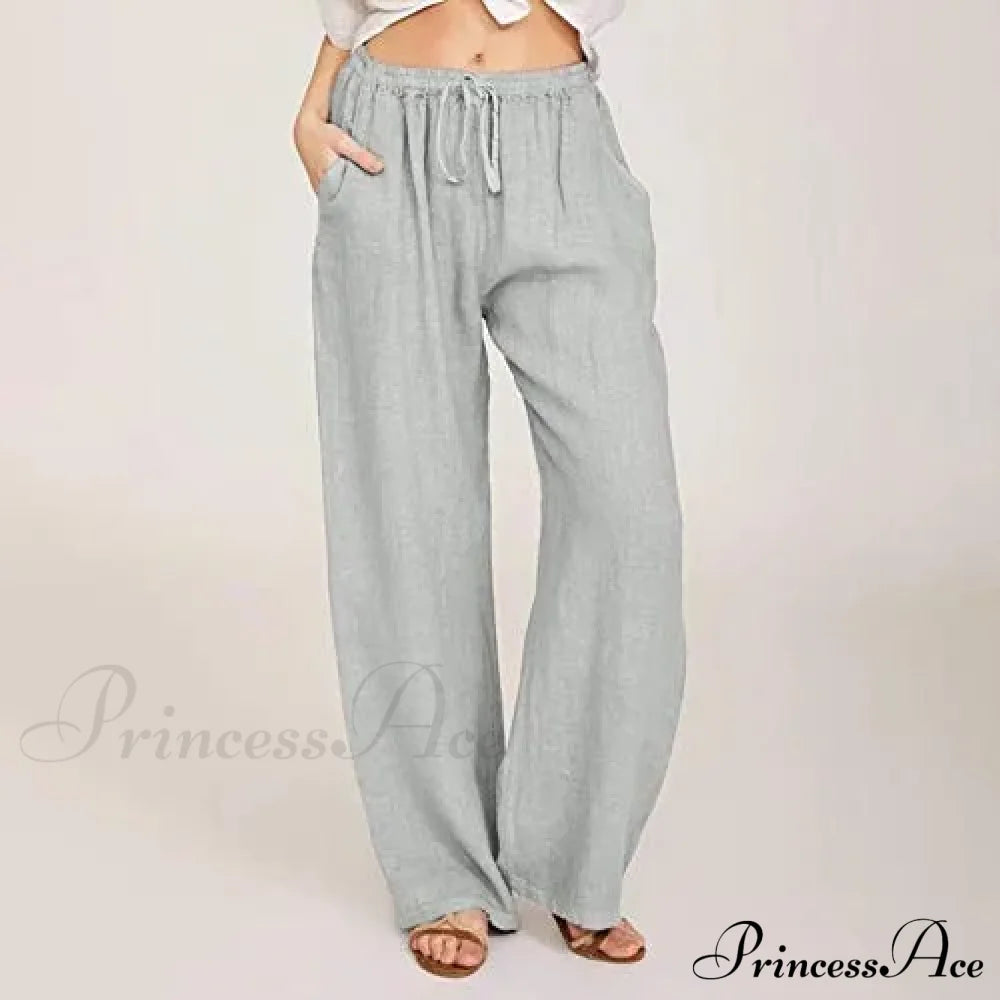 Casual Solid Drawstring Patchwork Low-Waisted Flare Spring Summer Pants Gray / S