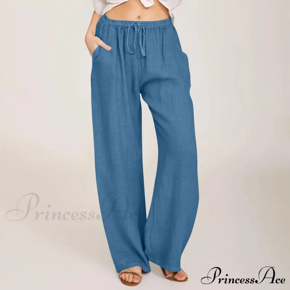 Casual Solid Drawstring Patchwork Low-Waisted Flare Spring Summer Pants Royal Blue / S