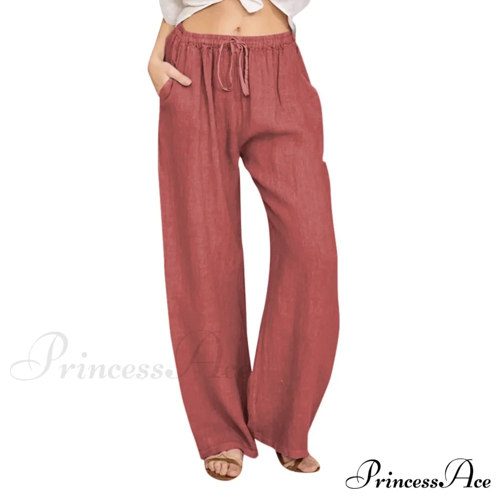 Casual Solid Drawstring Patchwork Low-Waisted Flare Spring Summer Pants Wine / S