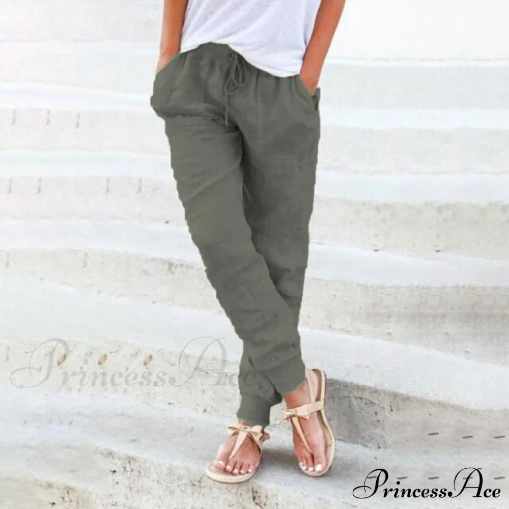 Casual Solid Elastic Waist Loose Pants Dark Green / S