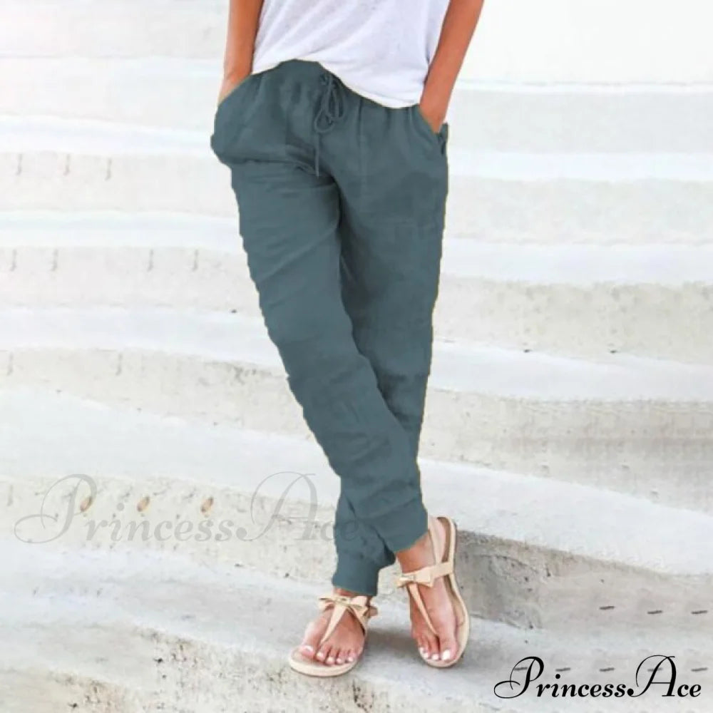 Casual Solid Elastic Waist Loose Pants Green / S