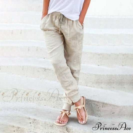 Casual Solid Elastic Waist Loose Pants Khaki / S