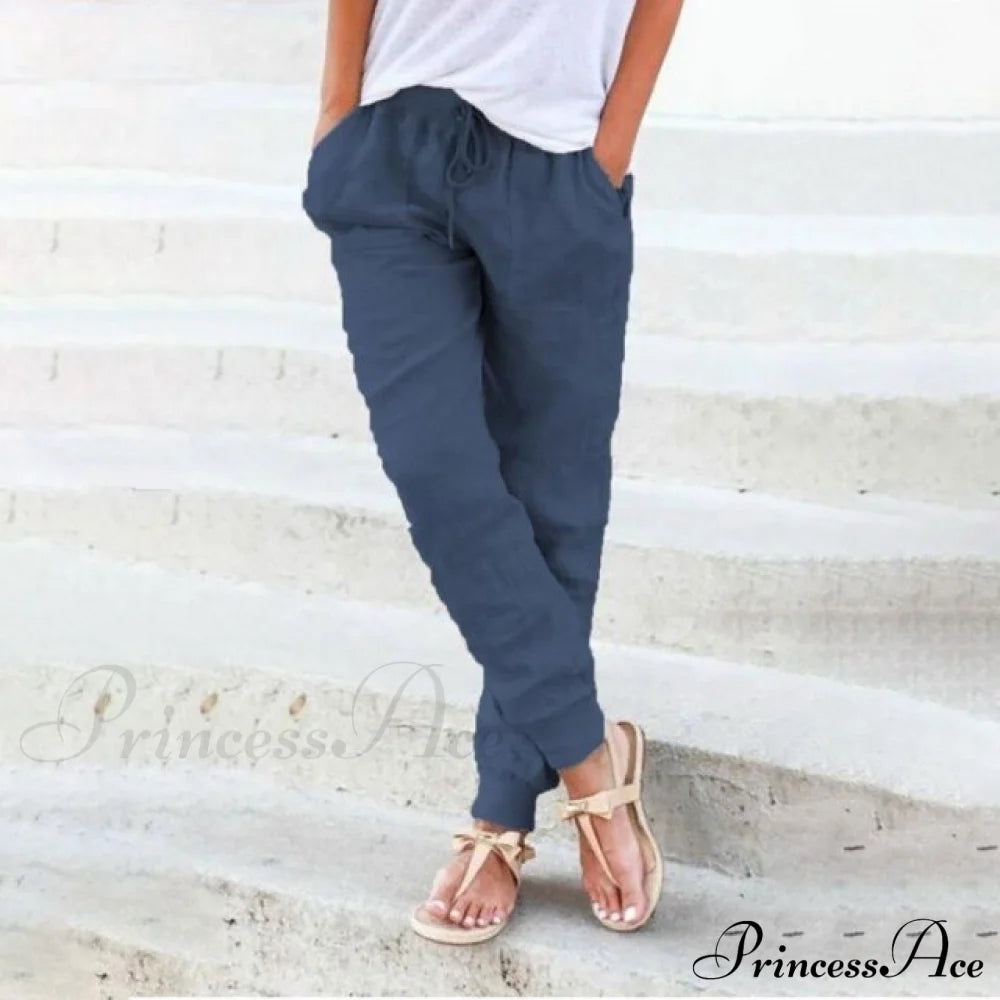 Casual Solid Elastic Waist Loose Pants Navy / S