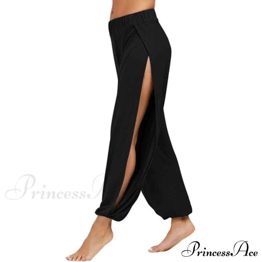 Casual Solid Hollow Elastic Waist Trousers Black / S