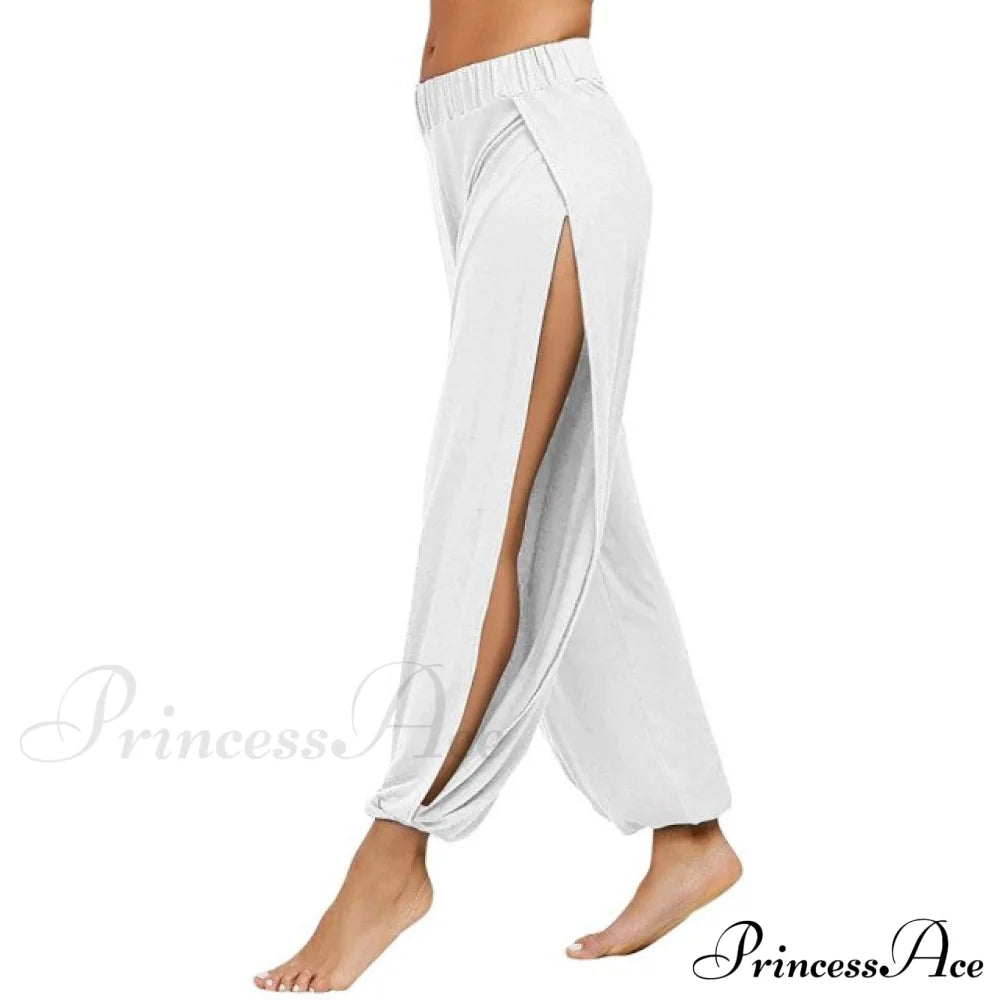 Casual Solid Hollow Elastic Waist Trousers White / S