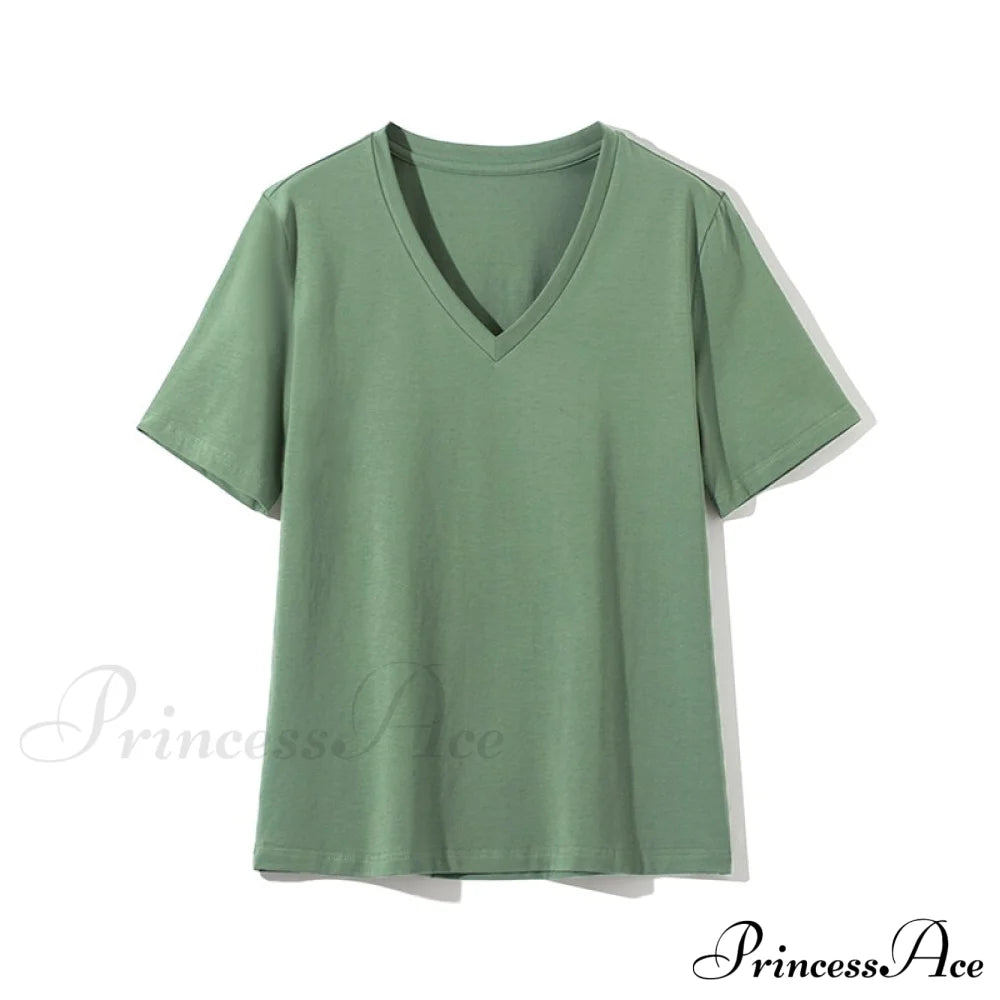 Casual Solid V-Neck T-Shirt Green / S