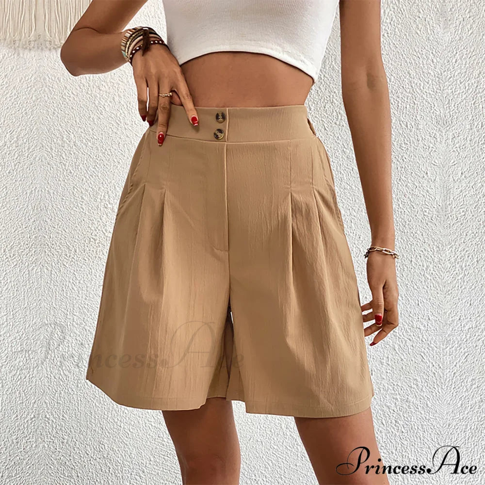 Casual Sport High Waist Pocket Summer Khaki Loose A Lined Wide Leg Short