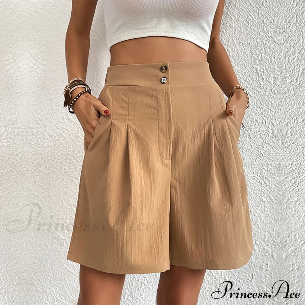 Casual Sport High Waist Pocket Summer Khaki Loose A Lined Wide Leg Short / S