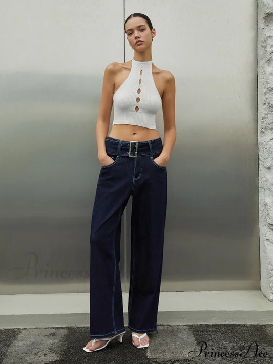 Casual Straight Leg Trendy Jeans With Belt Blue / Xs