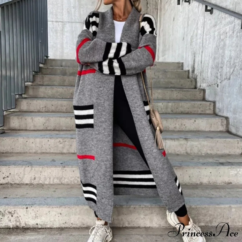 Casual Striped Color Matching Knitted Long Sweaters Cardigan 01 Grey / S