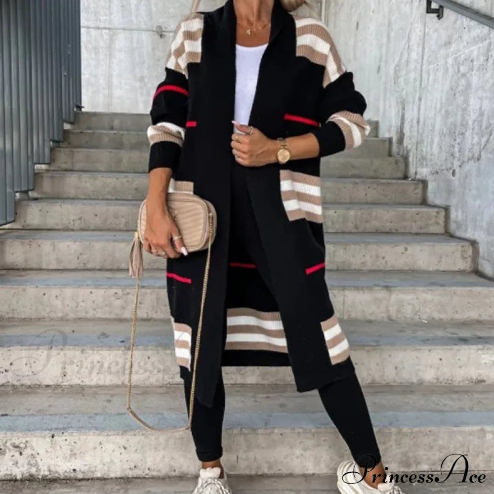 Casual Striped Color Matching Knitted Long Sweaters Cardigan 02 Black / S