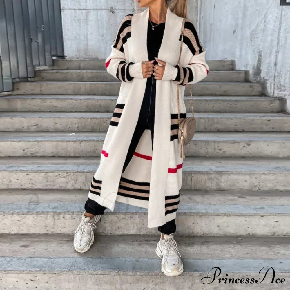 Casual Striped Color Matching Knitted Long Sweaters Cardigan