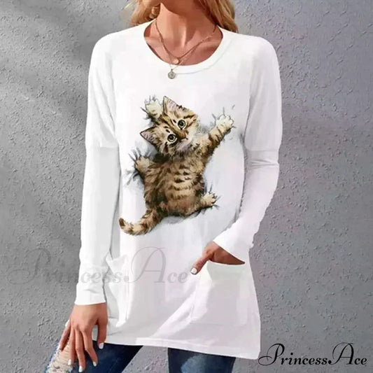 Casual T-Shirt With Cat Print Blouses