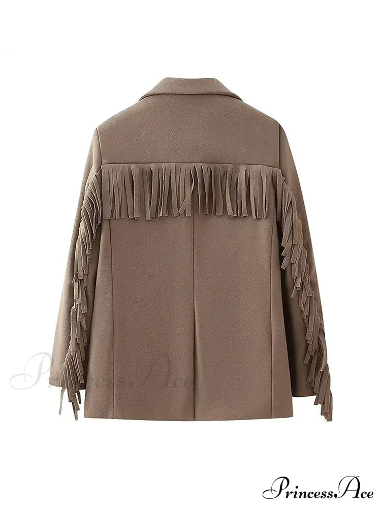 Casual Tassels Patchwork Long Sleeves Lapel Single Breasted Buckle Slim Stylish Coat Coats-L