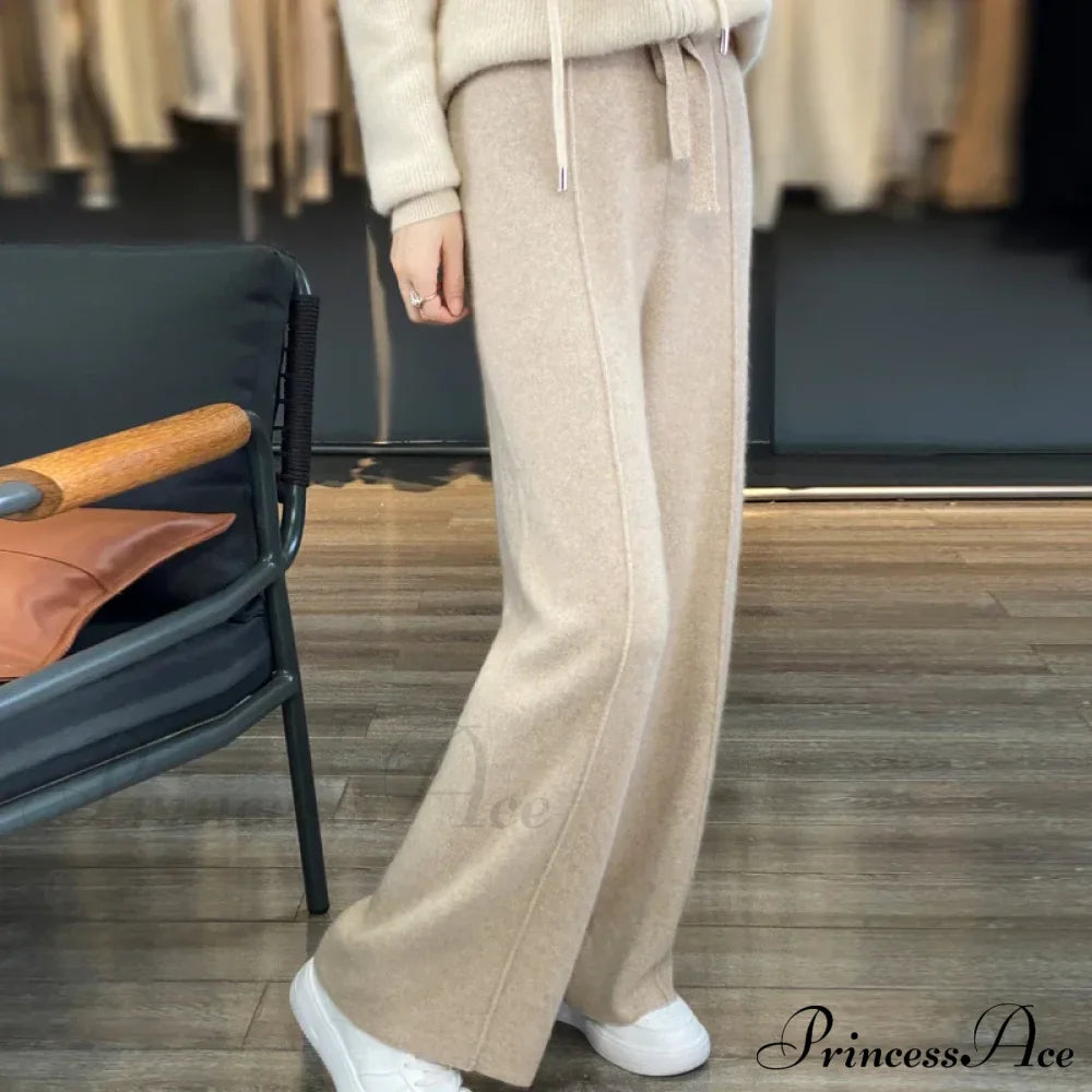 Casual Thick Knitted Elastic High Waist Loose Wide Leg Long Striped Pants