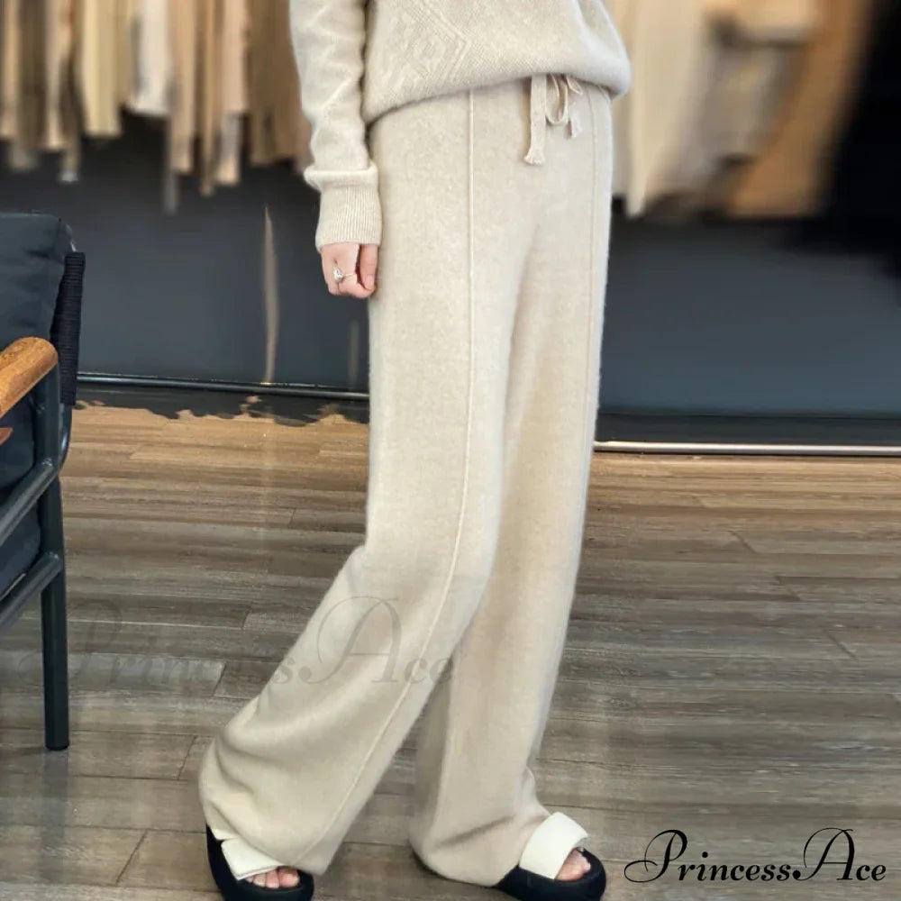 Casual Thick Knitted Elastic High Waist Loose Wide Leg Long Striped Pants Beige / S