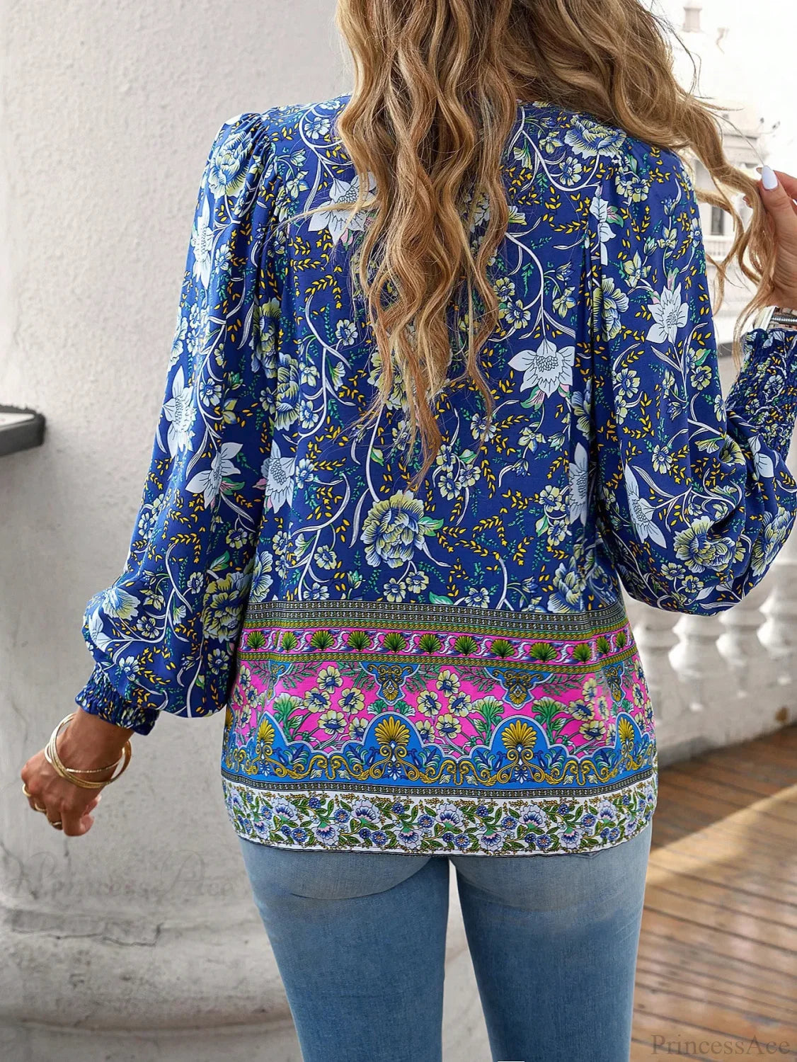 Casual V-Neck Floral Print Long Sleeve Boho Blouse bohoblouse-250126
