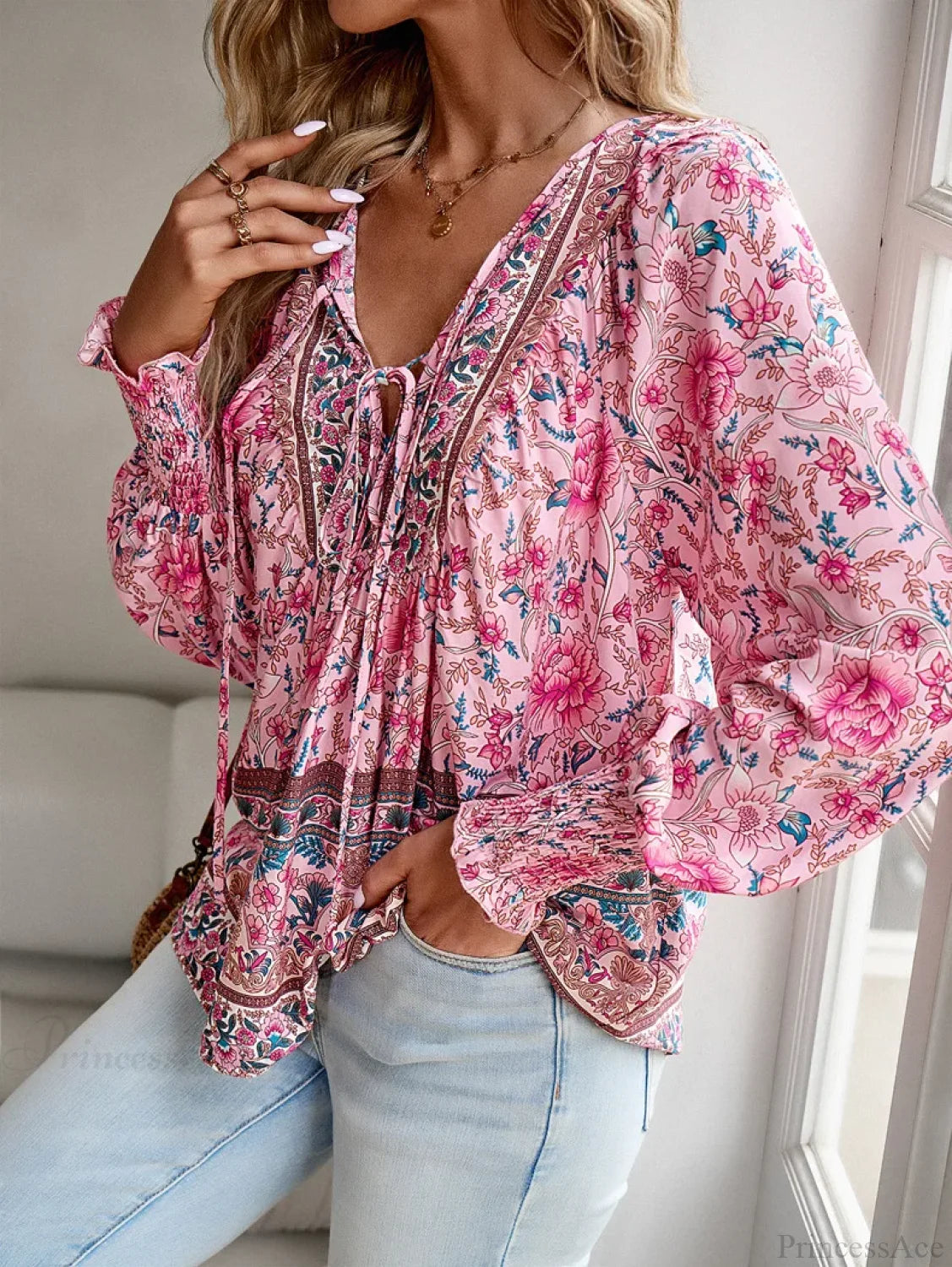 Casual V-Neck Floral Print Long Sleeve Boho Blouse Pink / S bohoblouse-250126