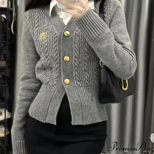 Casual V-Neck Red Slim Knit Cardigan Gray / One Size Cardigan-241208