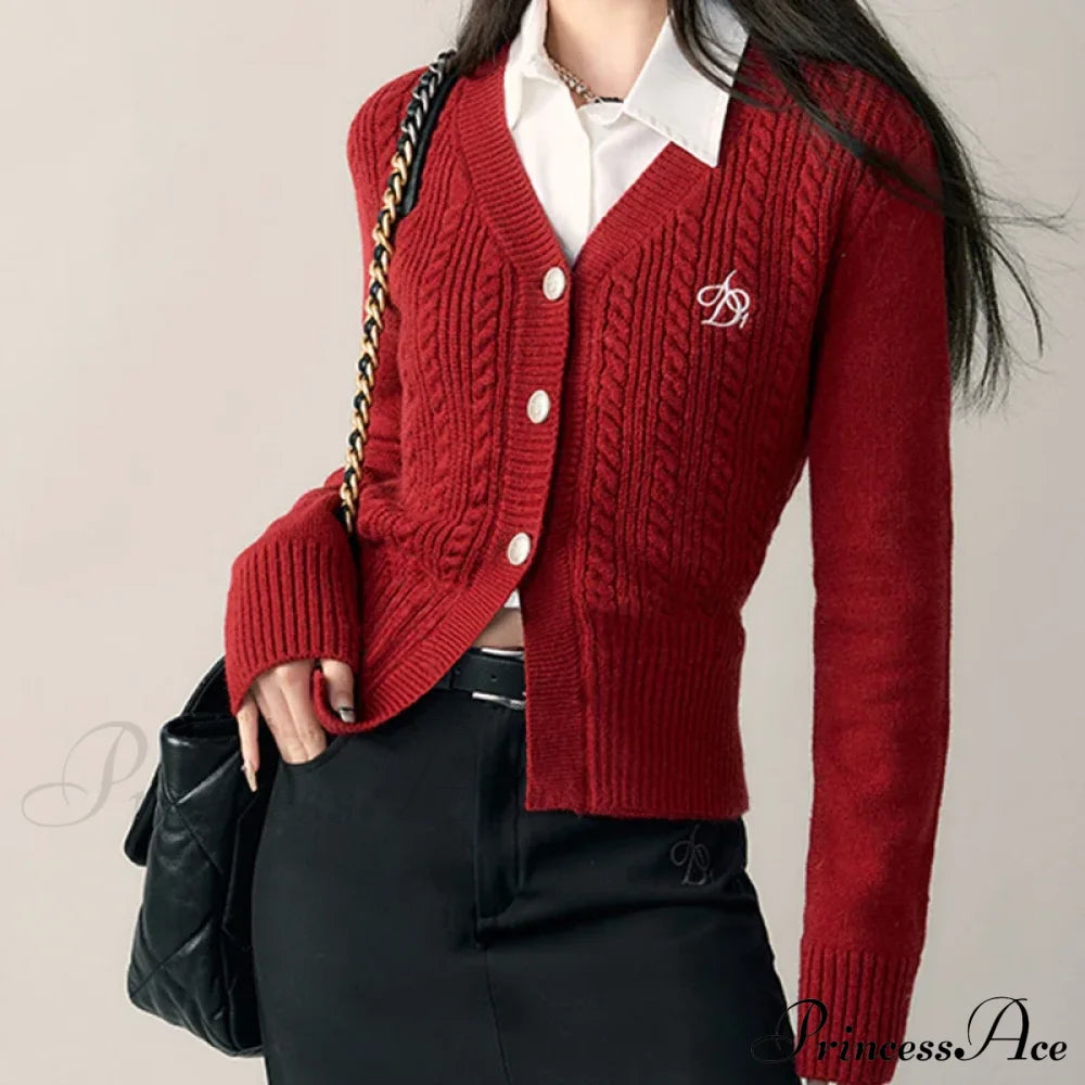 Casual V-Neck Red Slim Knit Cardigan / One Size Cardigan-241208