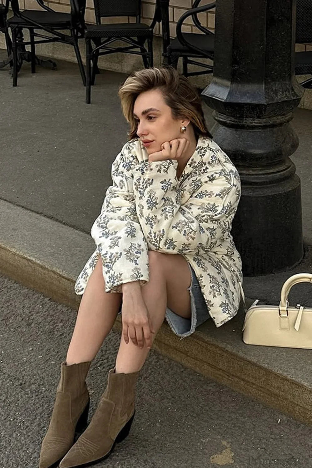 Casual Versatile Printed V-Neck Drawstring Padded Coat