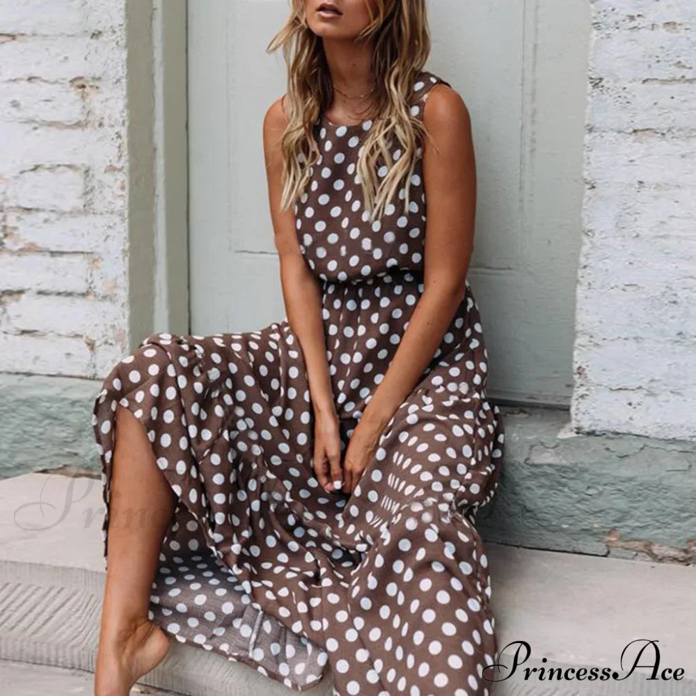 Casual Versatile Sleeveless Round Neck Polka Dot Boho Dress Coffee / S