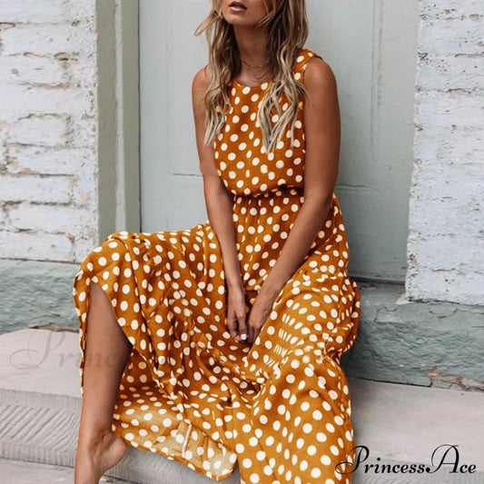 Casual Versatile Sleeveless Round Neck Polka Dot Boho Dress Yellow / S