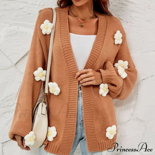 3D Flower Decorated Casual Cardigan Brown best Best Sellings cardigan cardigans clothes Sale tops Topseller