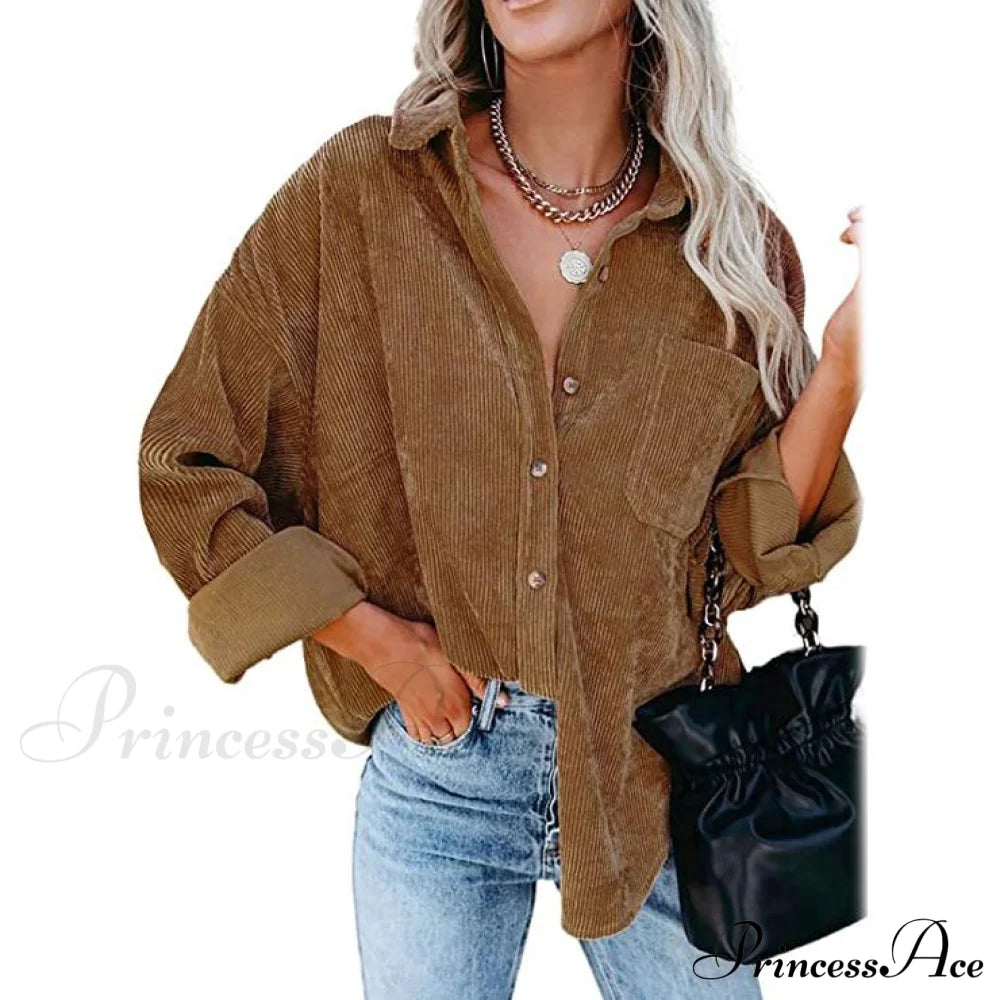 Women's Corduroy Shirts Casual Long Sleeve Top Brown __stock:200 clothes refund_fee:1200 tops