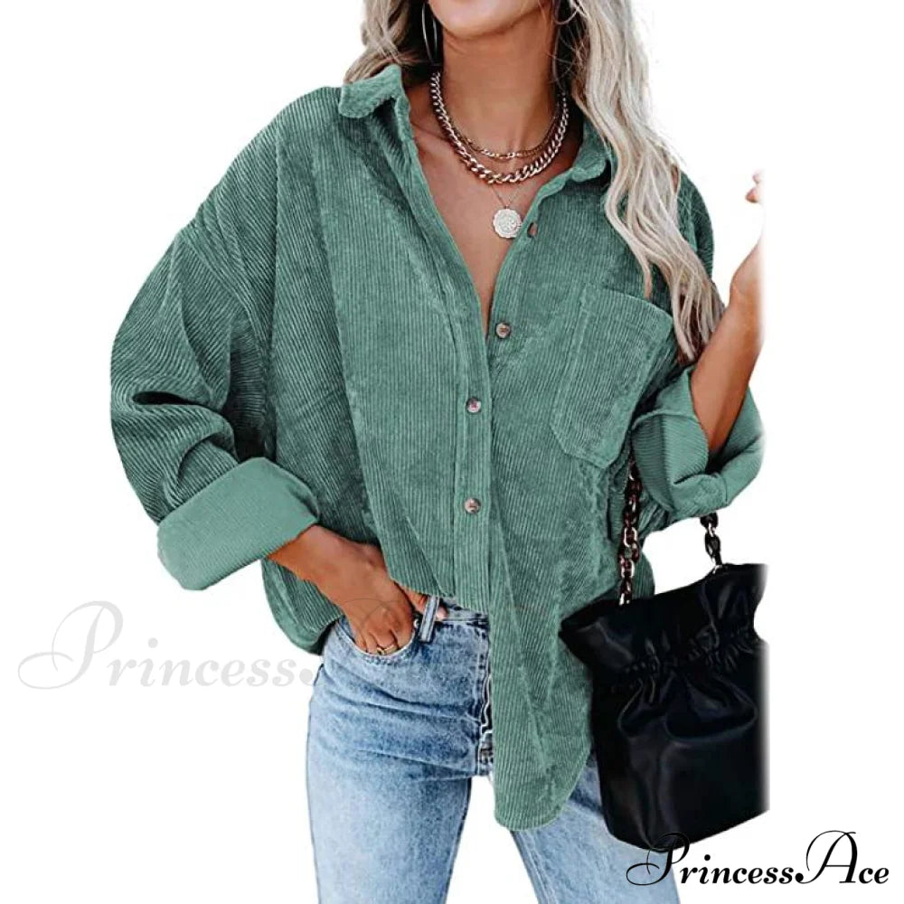 Women's Corduroy Shirts Casual Long Sleeve Top Green __stock:200 clothes refund_fee:1200 tops