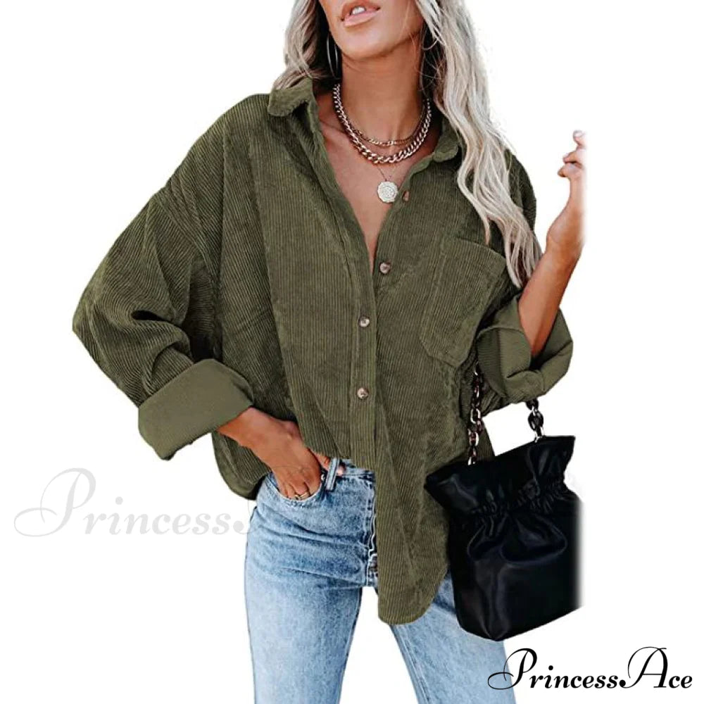 Women's Corduroy Shirts Casual Long Sleeve Top Olive Green __stock:200 clothes refund_fee:1200 tops