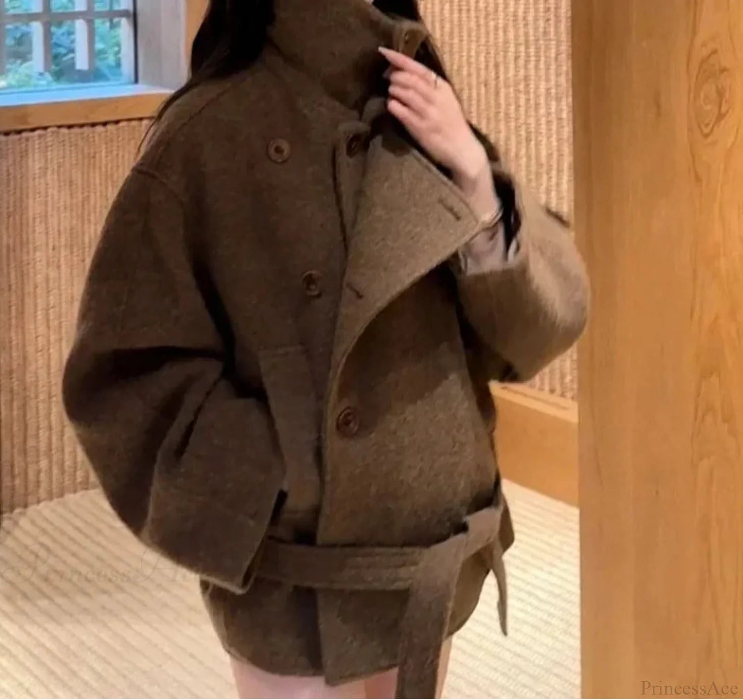 Casual Wool Lace-Up Stand Collar Overcoat