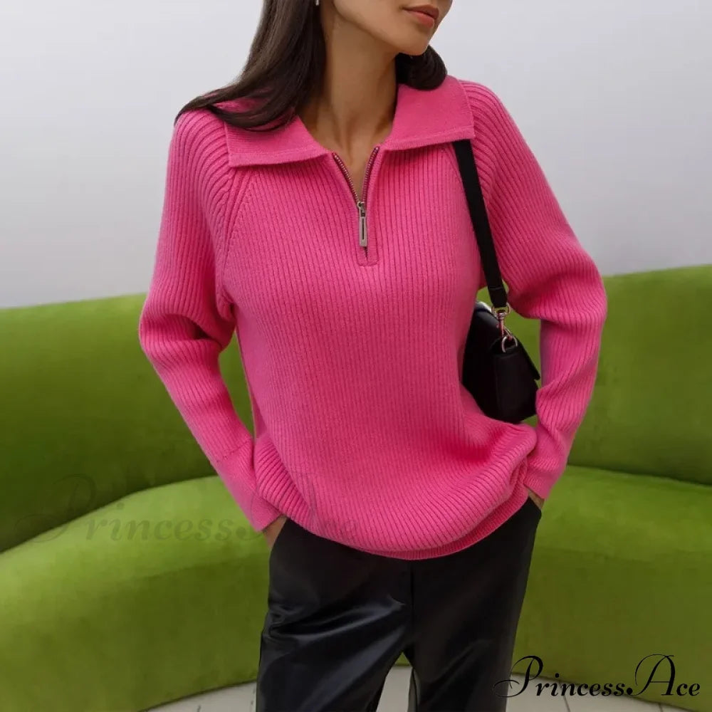 Casual Zipper Long Sleeve Pullover Solid Loose Warm Christmas Sweater Pink / S Sweaters-L