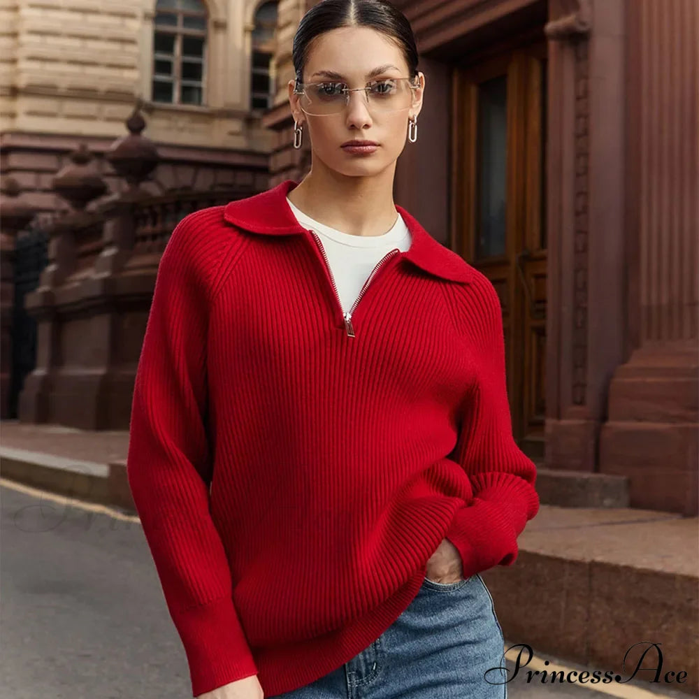 Casual Zipper Long Sleeve Pullover Solid Loose Warm Christmas Sweater Red / S Sweaters-L