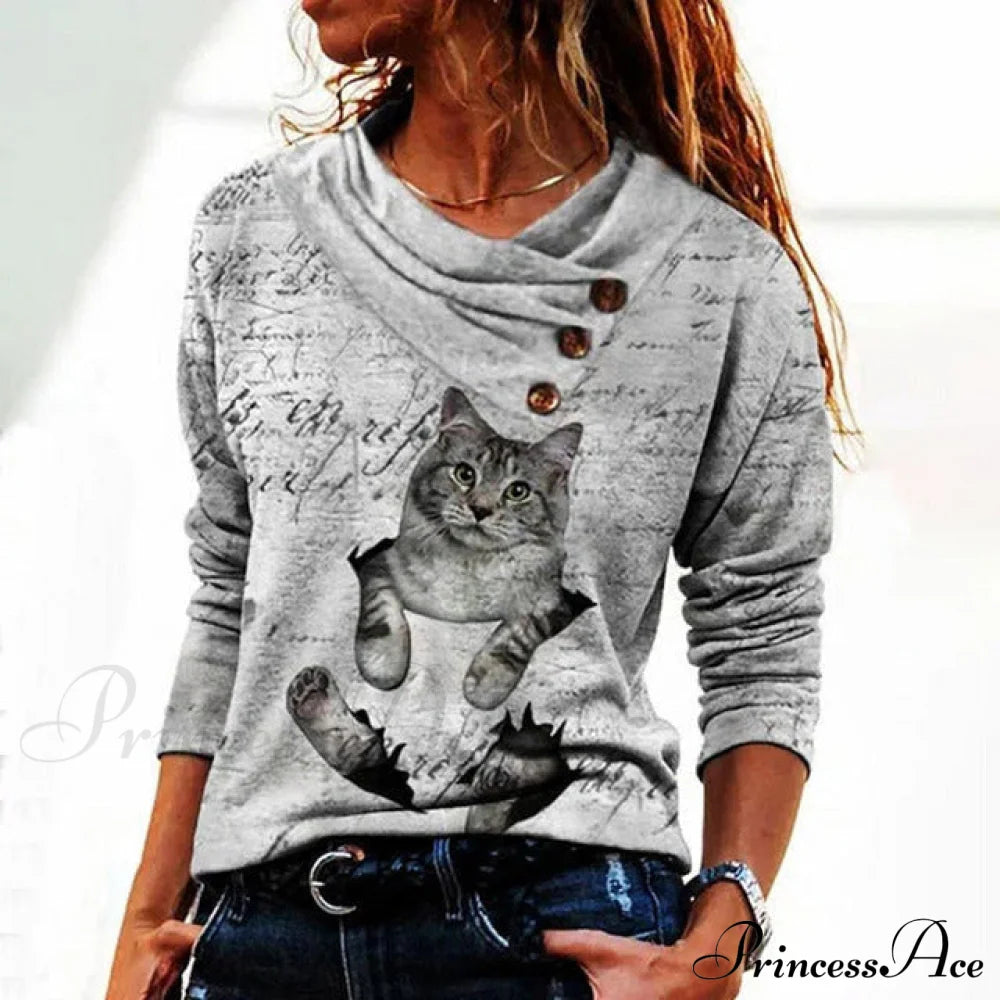 Cat Print Casual Blouse Gray best Best Sellings clothes Plus Size Sale tops Topseller