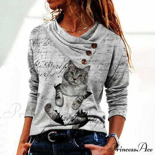 Cat Print Casual Blouse Gray best Best Sellings clothes Plus Size Sale tops Topseller