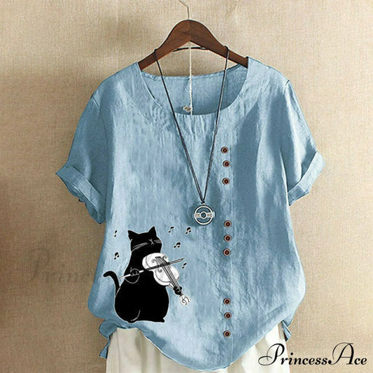 【Cotton And Linen】Cute Cat Print Blouse Blue best Best Sellings clothes Cotton and Linen Plus Size Sale tops Topseller