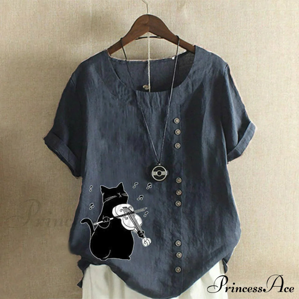 【Cotton And Linen】Cute Cat Print Blouse Dark Blue best Best Sellings clothes Cotton and Linen Plus Size Sale tops Topseller