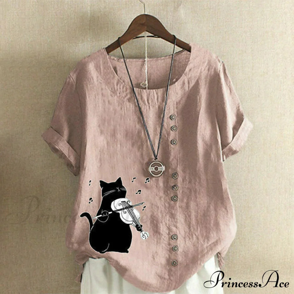 【Cotton And Linen】Cute Cat Print Blouse Pink best Best Sellings clothes Cotton and Linen Plus Size Sale tops Topseller