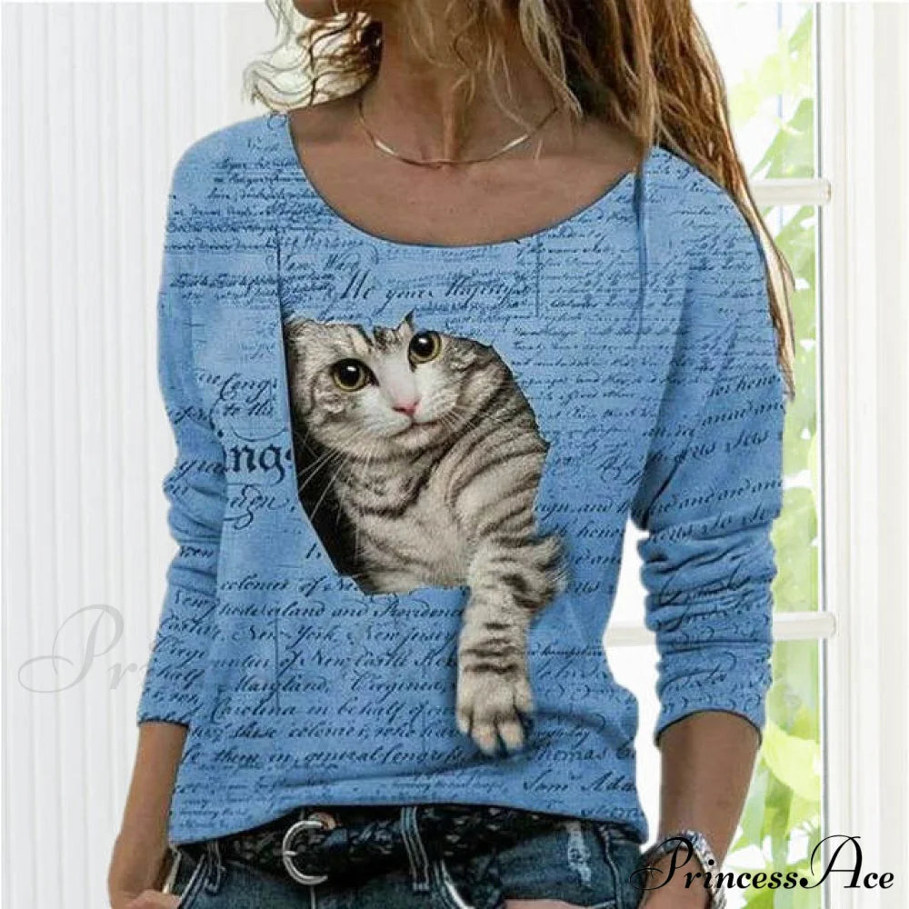 Fashion Cute Cat Print T-Shirt Blue Best Sellings clothes Plus Size Sale tops Topseller