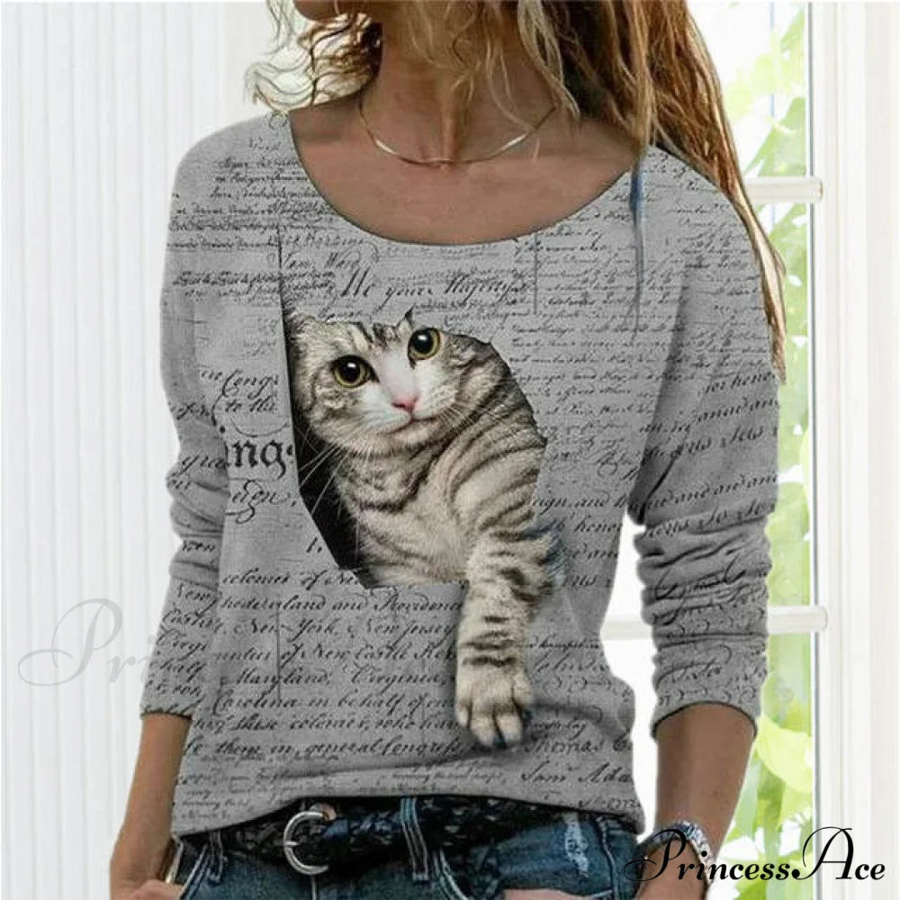 Fashion Cute Cat Print T-Shirt Gray Best Sellings clothes Plus Size Sale tops Topseller