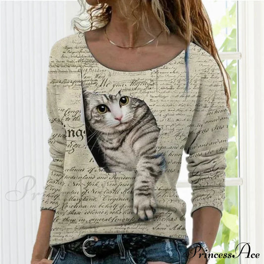 Fashion Cute Cat Print T-Shirt Khaki Best Sellings clothes Plus Size Sale tops Topseller